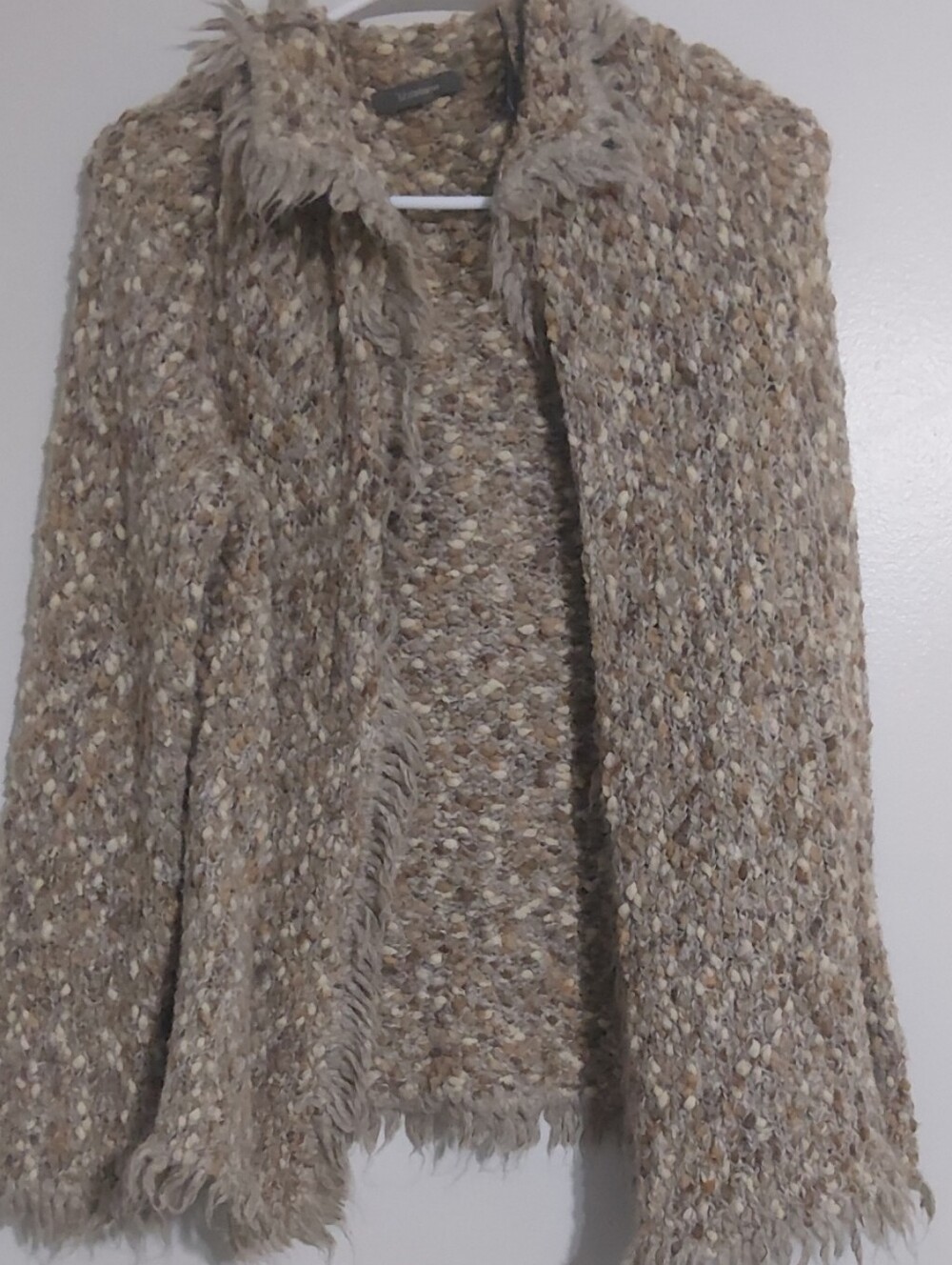 Neutral Bouclé Fringe Open-Front Women's Sweater Liz Claiborne